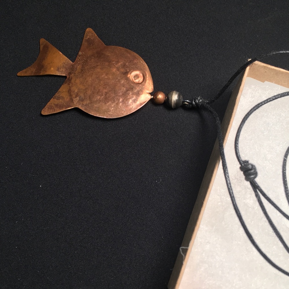 Copper Fish Necklace Artisan Made Handcrafted Adjustable Length Black Cord